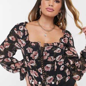 Missguided Square Neck Bodysuit With Puff Sleeves